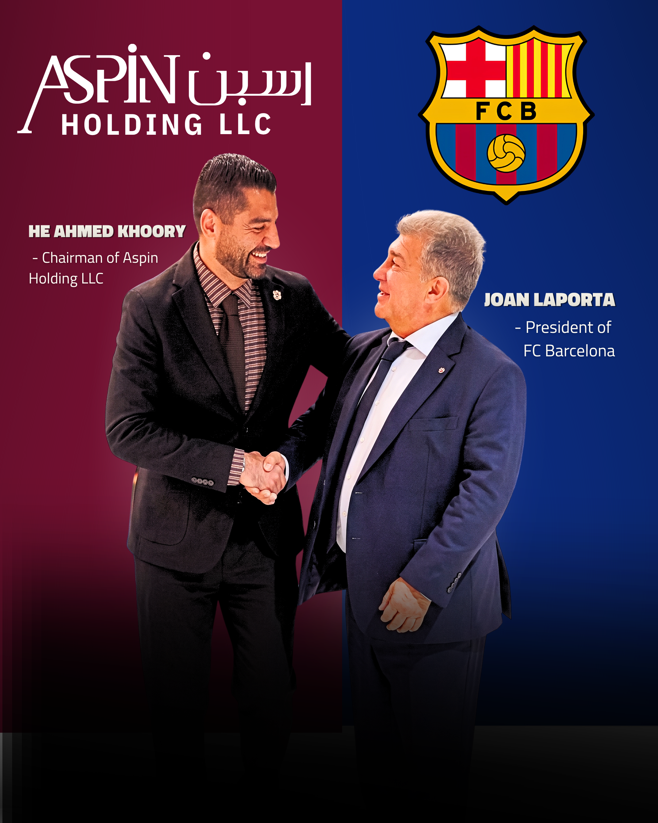 H.E. Ahmed Khoory shaking hands with Joan Laporta for FC Barcelona Partnership